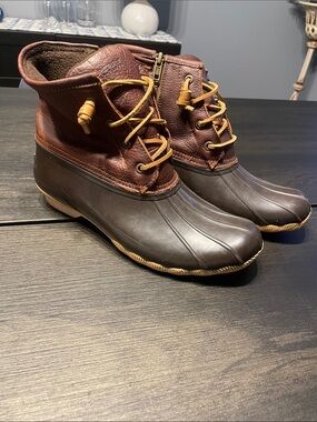 Sperry Brown Leather and Dark Brown Rubber Duck Boots with Tan Laces